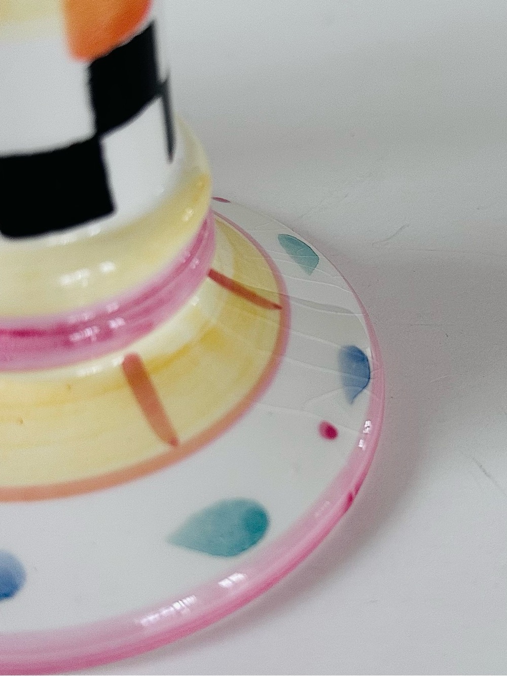 Hand-Painted Ceramic Candlestick Pair Pink Yellow Checkered Shabby Chic Cottage - Picture 7 of 8